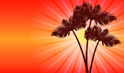 Fototapeta na wymiar Sunset landscape with palm trees silhouettes. Vector EPS10