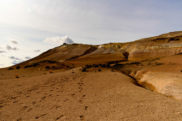 Amazing view of Namafjall, a high-temperature geothermal area with fumaroles and mud pots in Iceland