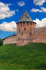 Fototapeta na wymiar Fortress wall and tower. Kremlin in the city of Novgorod, Russia