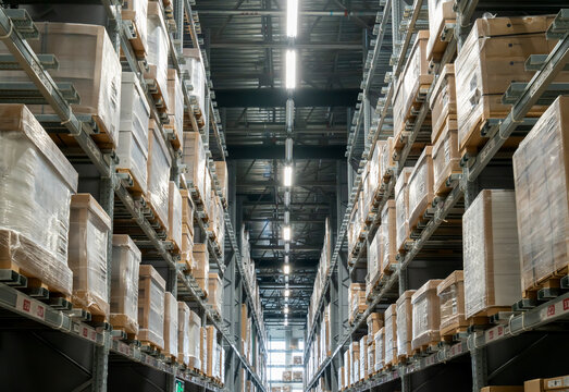 Goods on shelves of distribution center warehouse