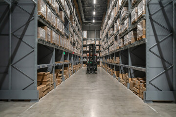 Goods on shelves of distribution center warehouse