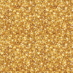 Gold Glitter Texture, Seamless Sequins Pattern. Vector Illustration. Lights and Sparkles. Glowing New Year or Christmas Backdrop. Golden Dust.