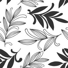 Abstract hand drawn seamless pattern of floral ornament leaves, branches, curls, flowing lines. Decorative vector illustration for greeting card, invitation, wallpaper, wrapping paper, fabric