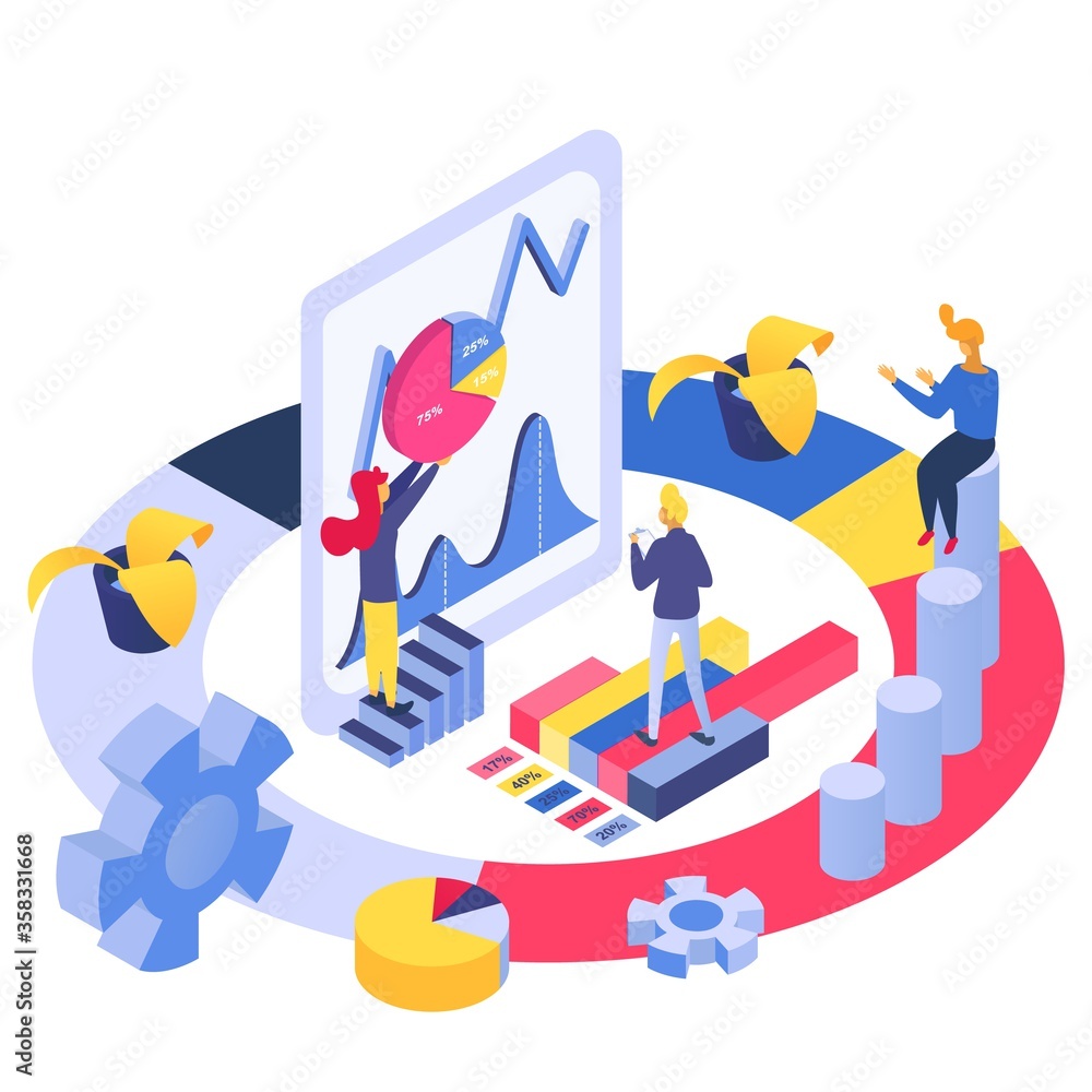 Poster isometric analytics business team, vector illustration. flat people character analysis marketing cha