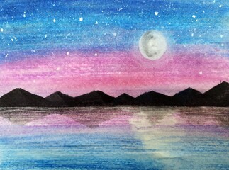 Summer night on the lake under full moon light - painted with watercolors