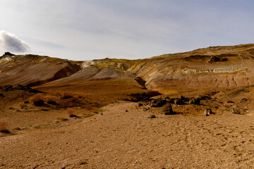 Amazing view of Namafjall, a high-temperature geothermal area with fumaroles and mud pots in Iceland
