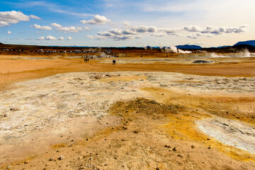 Amazing view of Namafjall, a high-temperature geothermal area with fumaroles and mud pots in Iceland