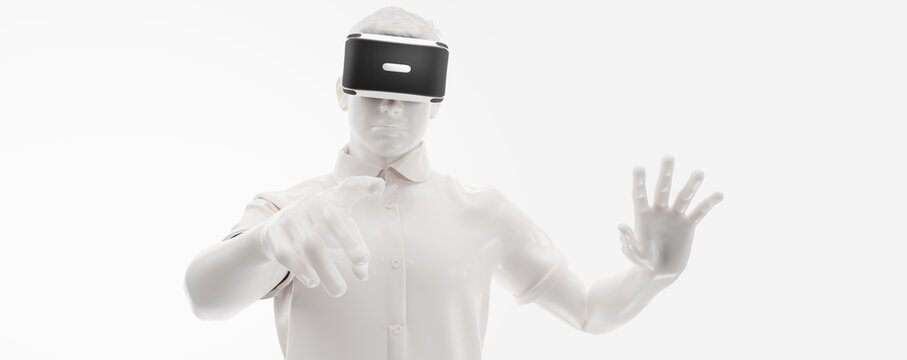 VR headset, technology. 3d render of the man, wearing virtual reality glasses on white background. VR games. You will also find a EPS 10 for this image in my portfolio. Thanks for watching