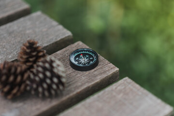 a compass on the wooden plate in the forest