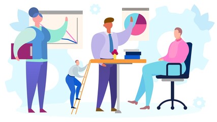 Business meeting worker in office, vector illustration. Man woman people character teamwork presentation for manager leader. Team discussion in flat company, cartoon group communication.