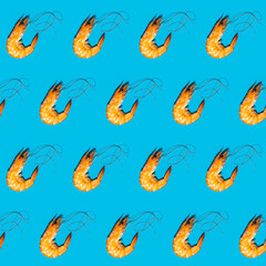 Food diagonal seamless pattern of shrimps on blue background. Creative minimalist flat lay with hard light.