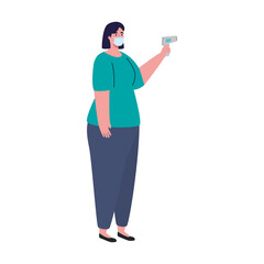 covid 19 coronavirus, woman holding infrared thermometer to measure body temperature vector illustration design