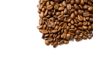 Pile of roasted coffee beans isolated in white background,