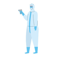 disinfection, person in viral protective suit, with digital non contact infrared thermometer vector illustration design