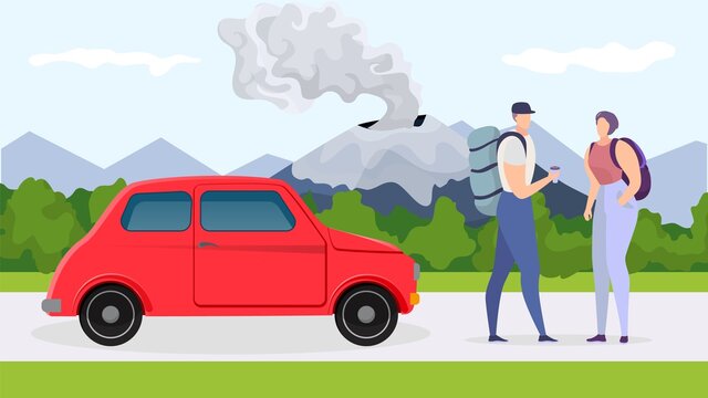 Adventure by car near mountain, vector illustration.Tourist couple character travel at holiday, vacation trip with flat transport. People at nature road, happy cartoon young family.