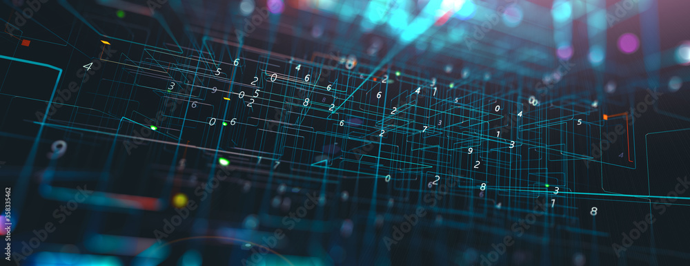 Wall mural abstract tech and science background. 3d illustration. dots and lines geometric graphics.cyberspace 