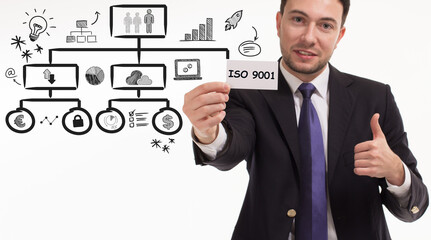 Business, technology, internet and network concept. Young businessman thinks over the steps for...