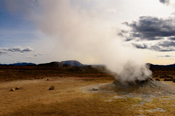 Namafjall, a high-temperature geothermal area with fumaroles and mud pots in Iceland