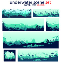 Set of three marine underwater backgrounds. The bottom of the ocean with algae. Vector nautical scene. , Deep blue water, coral reef and underwater plants. beautiful underwater scene with fish; vector