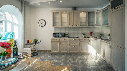 Modern interior of kitchen in spacious studio apartment. Private house. Stylish kitchen set with appliances.