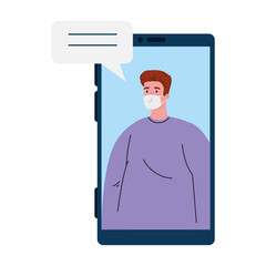 smartphone video call, man wearing medical mask, online during covid 19, conference video call vector illustration design