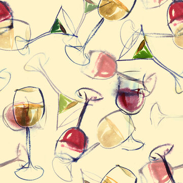 Watercolor Seamless Pattern of Wines Glasses 