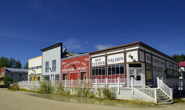 Historic building and traditional wooden building in Dawson City, Yukon Territory, Canada. Klondike gold rush town.
