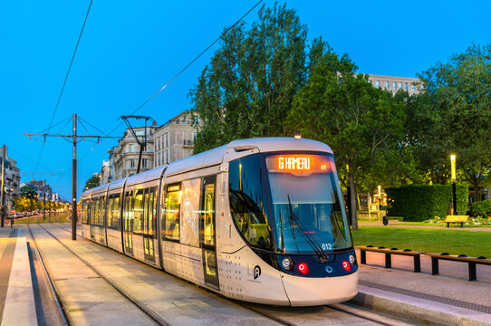 Modern city tram Alstom Citadis 302 at Hotel de Ville station of Le Havre, France