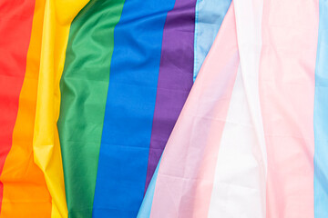 Transgender and gay rainbow flags, fabric LGBT and  transgender pride flag as background