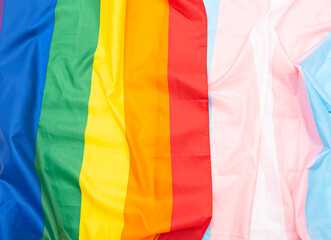 Transgender and gay rainbow flags, fabric LGBT and  transgender pride flag as background