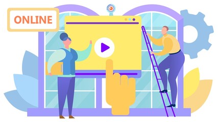 Video webinar in internet media, vector illustration. Play button on screen, online computer business communication technology. Man woman people character in network education tutorial.