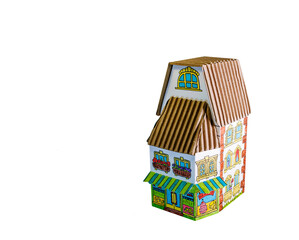 Photo of model cardboard house isolated on white background. Photo for advertising sales, rentals, realtor and construction services. House, home In, interior. Architectural and business.