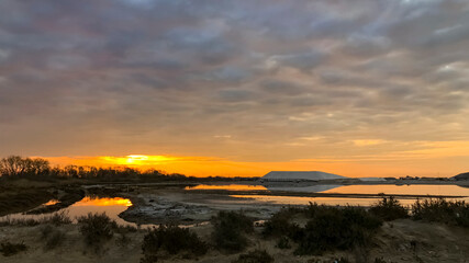 Salzlandschaft in der Camargue bei Sonnenuntergang, Suedfrankreich, Frankreich