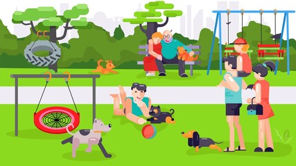 Dog park, vector illustration. People man woman cartoon lifestyle with pet at outdoor nature. Happy female male person with animal puppy, training activity at city, adult character.