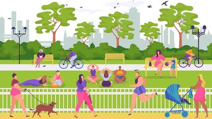 People have rest in park, vector illustration. Flat outdoor activity at nature, sport lifestyle with cartoon summer landscape. Woman man character walk, have picnic and sit at bench.
