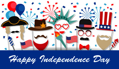 Fourth of July background with booth props, fireworks, flags, balloons, confetti. Statue of liberty, Uncle Sam costumes.Can be used for 4th july Independence Day party invitation, card, flyer, poster © oxyggen