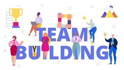 Business team building communication, vector illustration. People flat character near large sign symbol, cooperation teamwork banner. Collective community, group friendship concept.