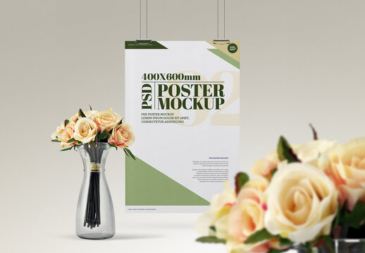 Hanging Poster Mockup with Flowers