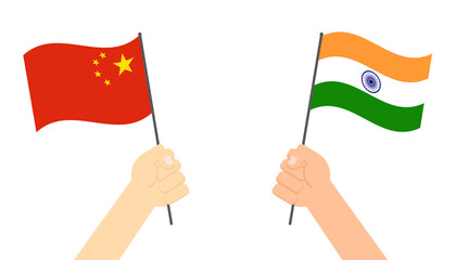 Hands holding flag between China and India face to face for competition - Vector illustration