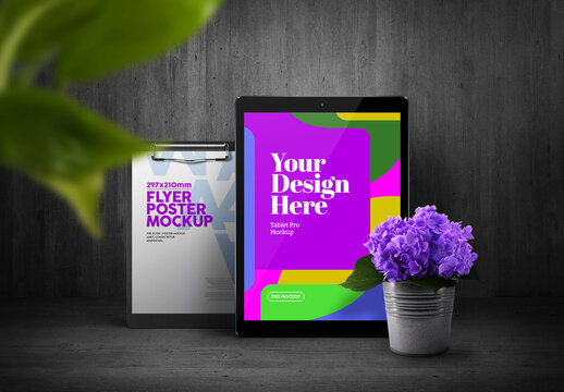 Tablet and Clipboard with Hydrangea Pot Mockup