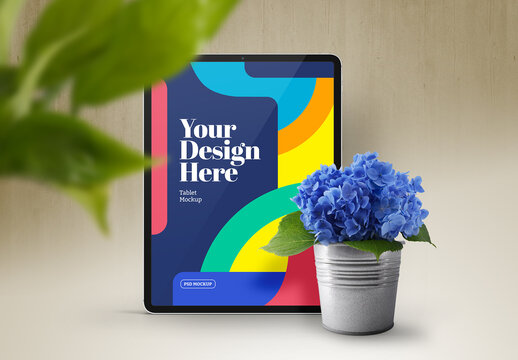 Tablet and Hydrangea Pot Mockup
