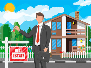 Fototapeta premium Businessman or realtor near suburban house holding key. Wooden placard with real estate sign. Mortgage, property and investment. Buy sell or rent realty. Flat vector illustration