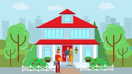 Fototapeta premium Delivery courier with pizza near home, vector illustration. Flat delivery boy character at client house, man holding order food. Package lunch for cartoon people, deliveryman with cardboard box.