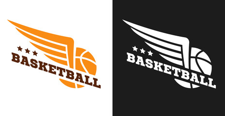 Basketball logo, badge or label concept. Creative design template composition for branding sport club, championship, competition. Modern vector illustration.