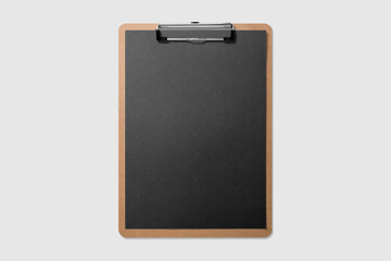 Real photo, wooden clipboard with black A4 paper mockup template, isolated on light grey background. High resolution.