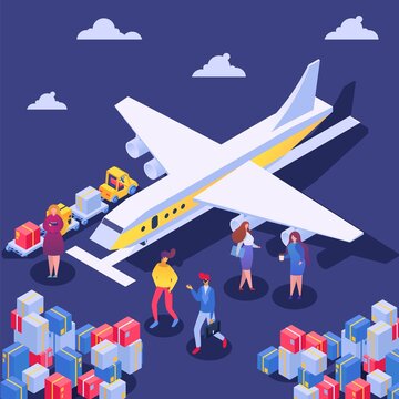 Airplane cargo delivery concept, vector illustration. Business air transportation service, load cartoon carton box to container. Flat goods fly mail, logistic freight order industry.