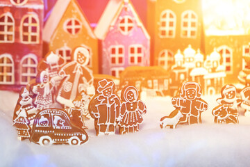 Gingerbread houses, winter composition , products made of gingerbread