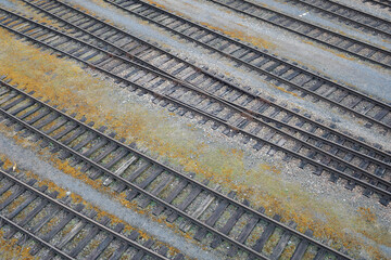 Old train tracks photographed from above.