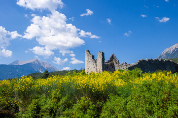Fototapeta premium ruins of antique watchtower, spring, Turkey