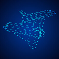 Space ship shuttle. Wireframe low poly mesh vector illustration.